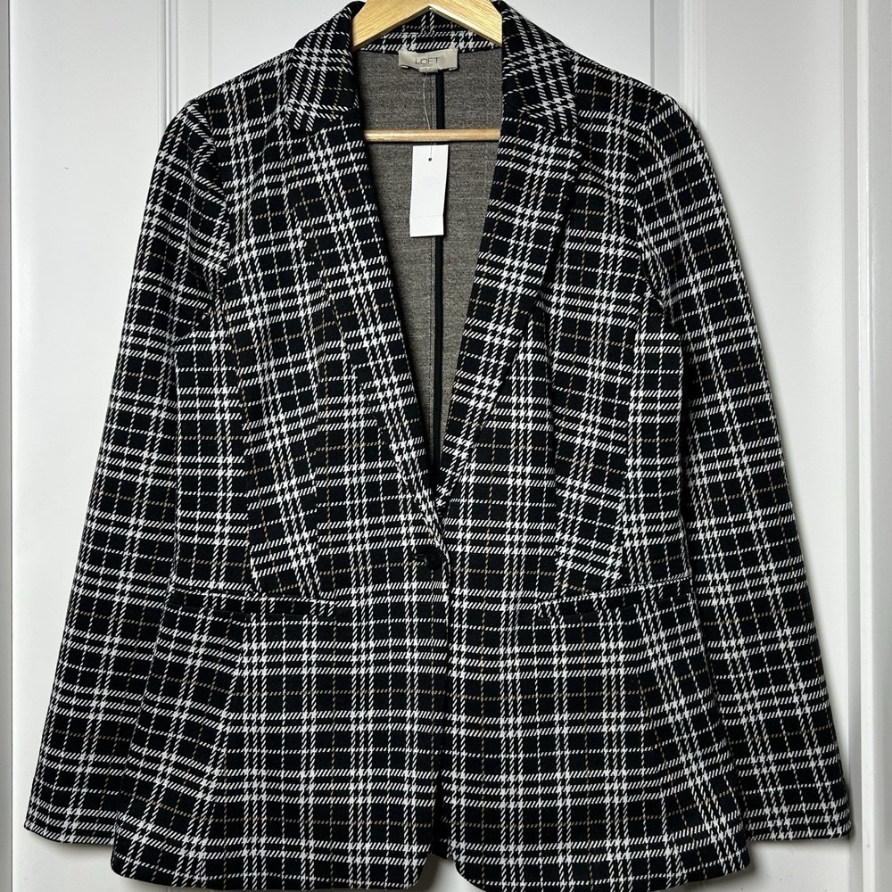 LOFT Outlet Black White Plaid Open‎ Front Knit Blazer Dark Academia Preppy Style